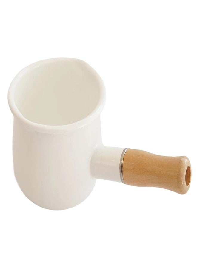 JWTIFOA Enamel Milk Pot 17oz Butter Warmer Small Sauce Pan with Spouts Butter Melting Pot, Wooden Handle, White - Image 1